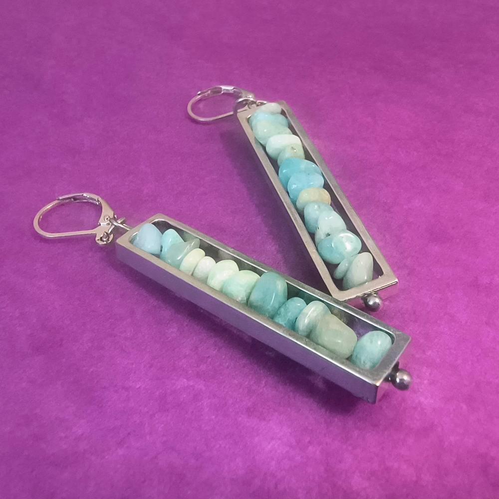 Silver Rectangular Earrings with Blue Stones